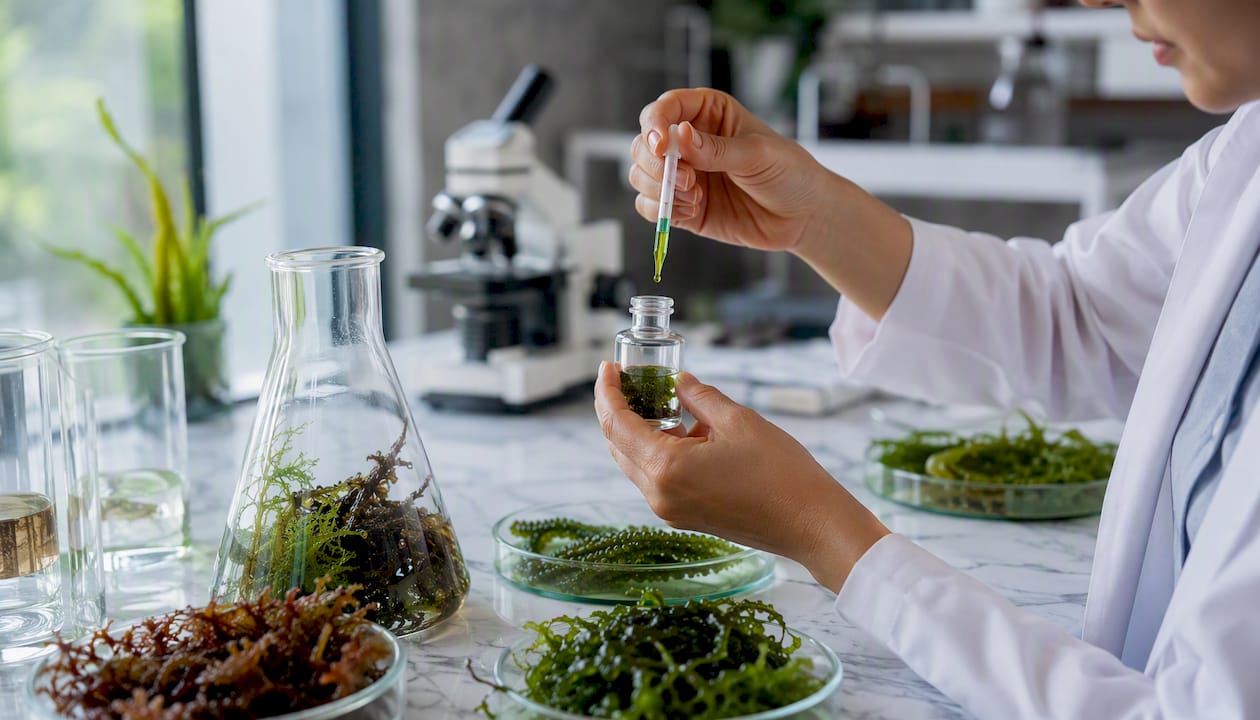 Scientist pipetting seaweed extract in lab