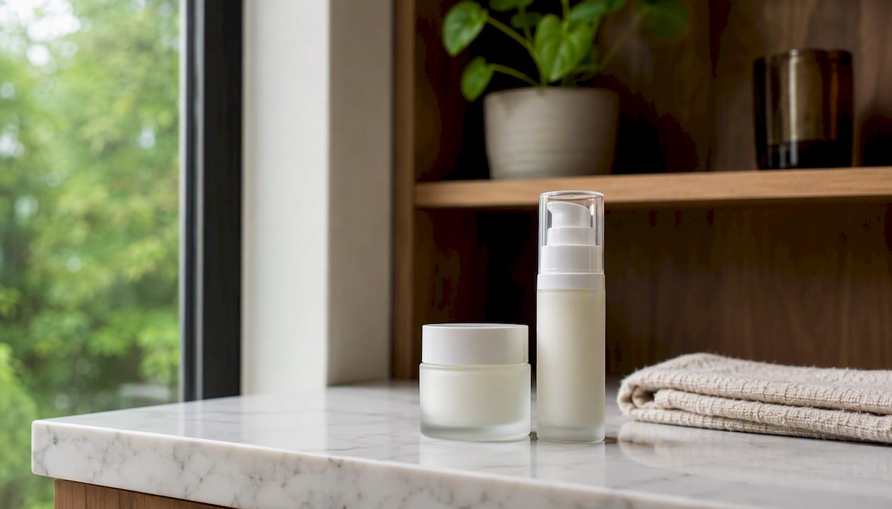Safe moisturizer storage on bedroom shelf