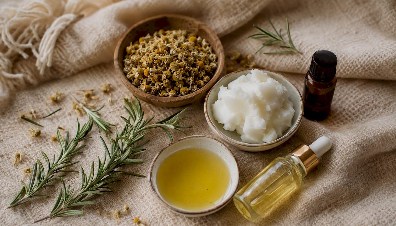 Natural skincare ingredient assortment flat lay