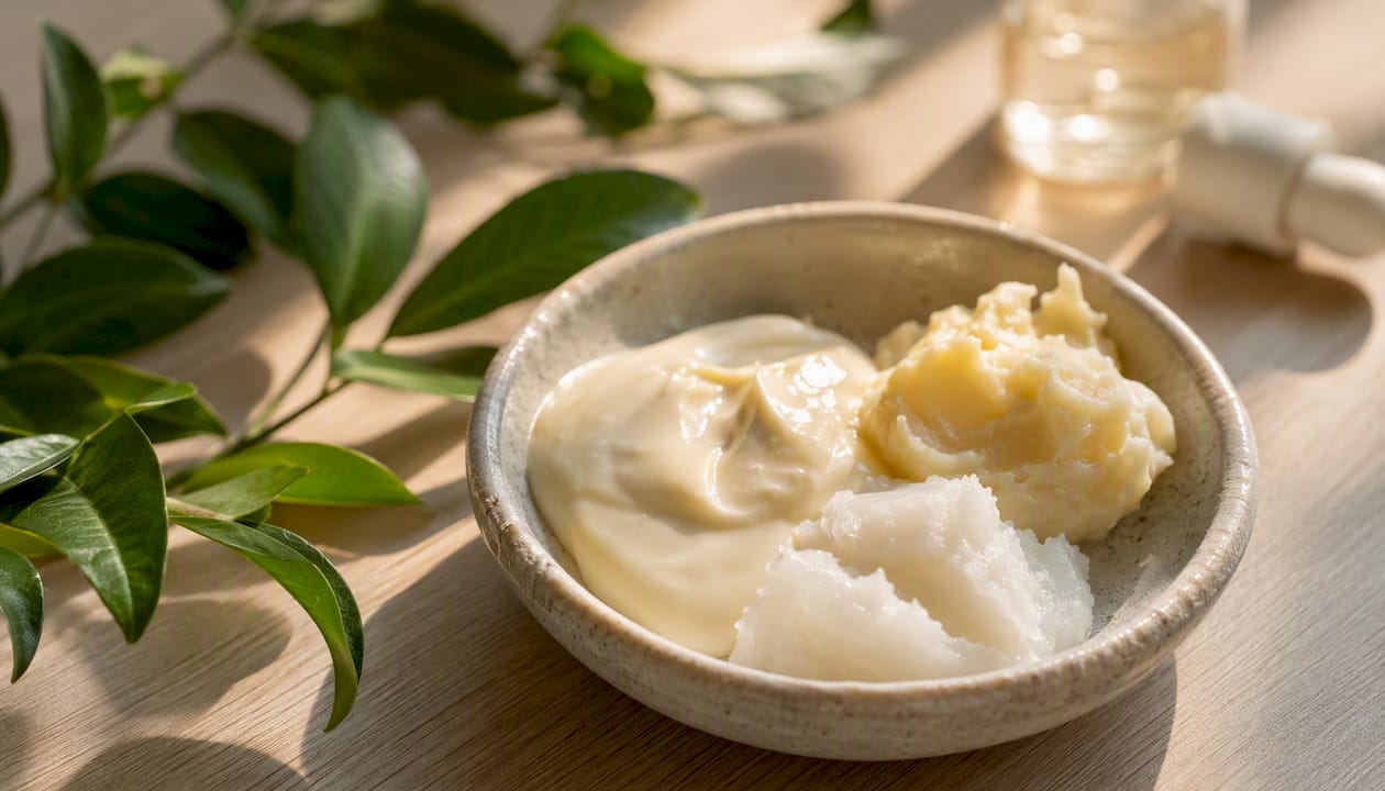 Ceramide and lipid creams in dish close-up