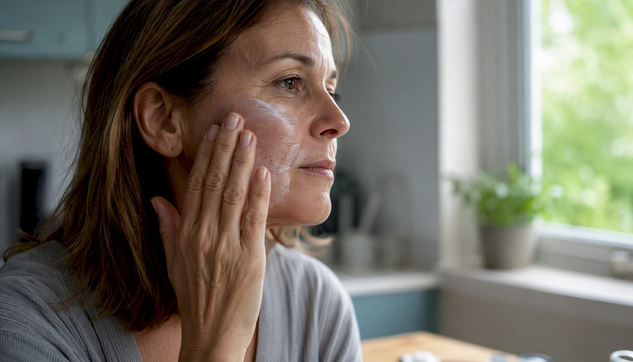 Hand applying mineral sunscreen on face