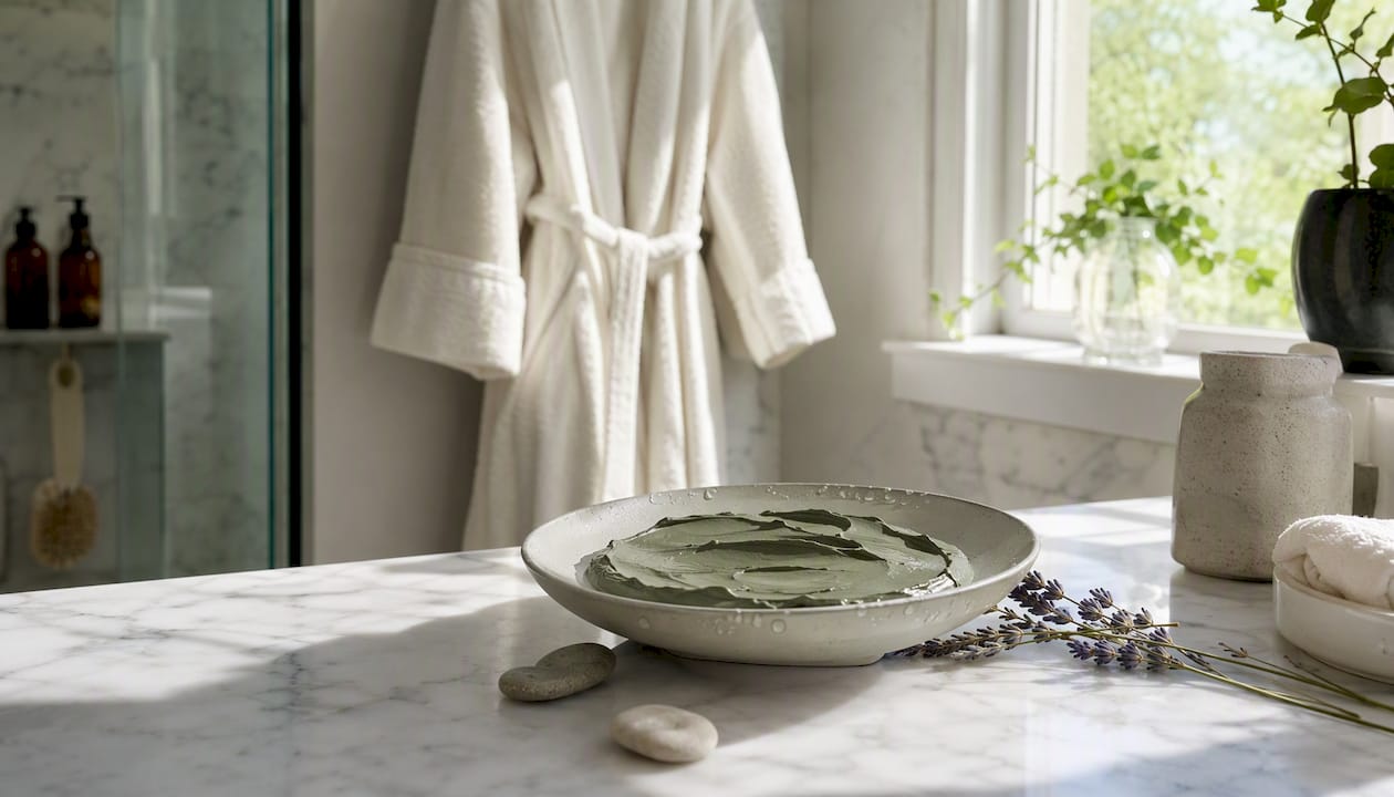 Layered eco-friendly skincare products flat lay