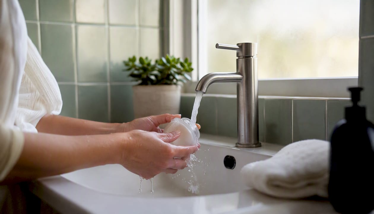 Rinsing skincare container in bathroom sink