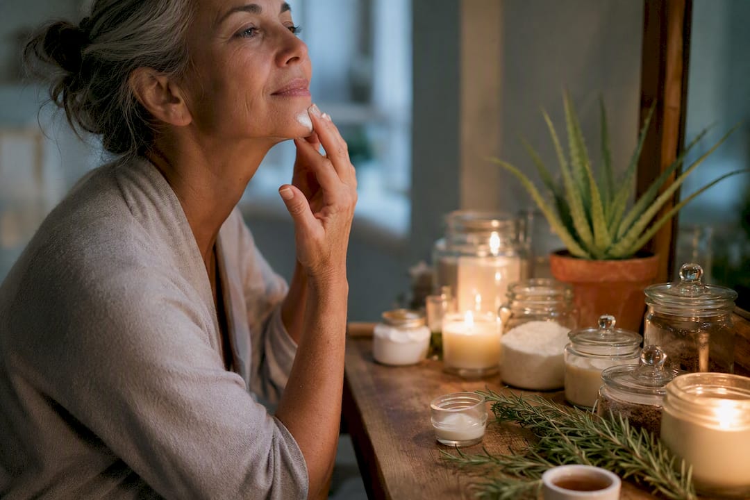 Hands applying cream at night skincare routine