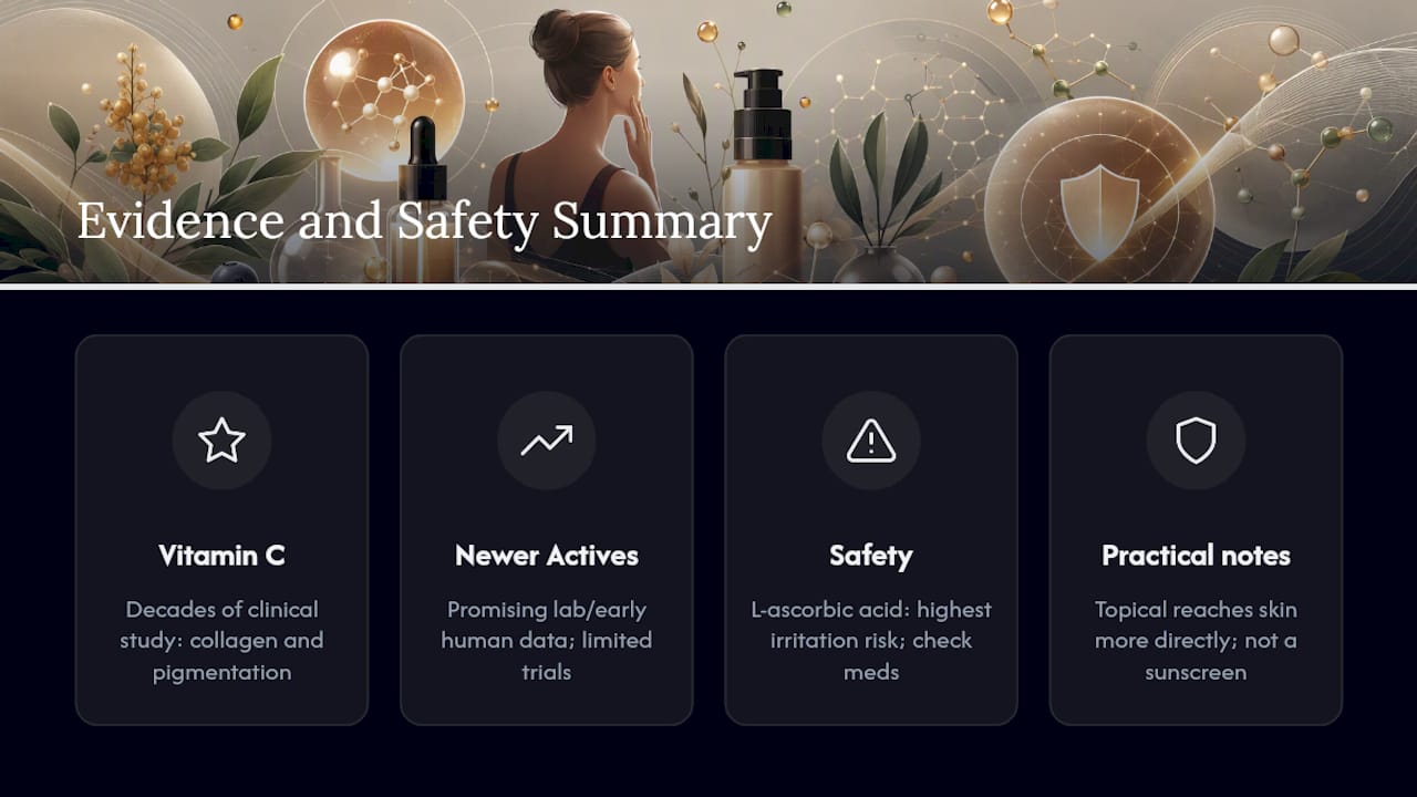 What the Evidence Shows, and Safety Considerations — overview diagram