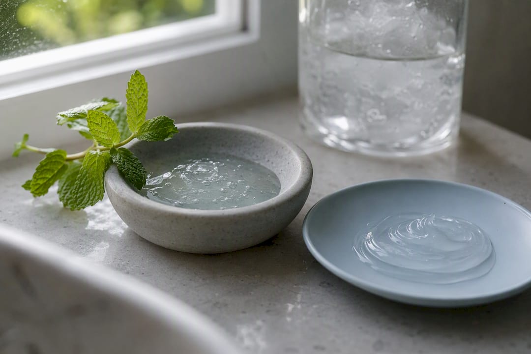 Gel cleanser and moisturizer textures on ceramic dishes