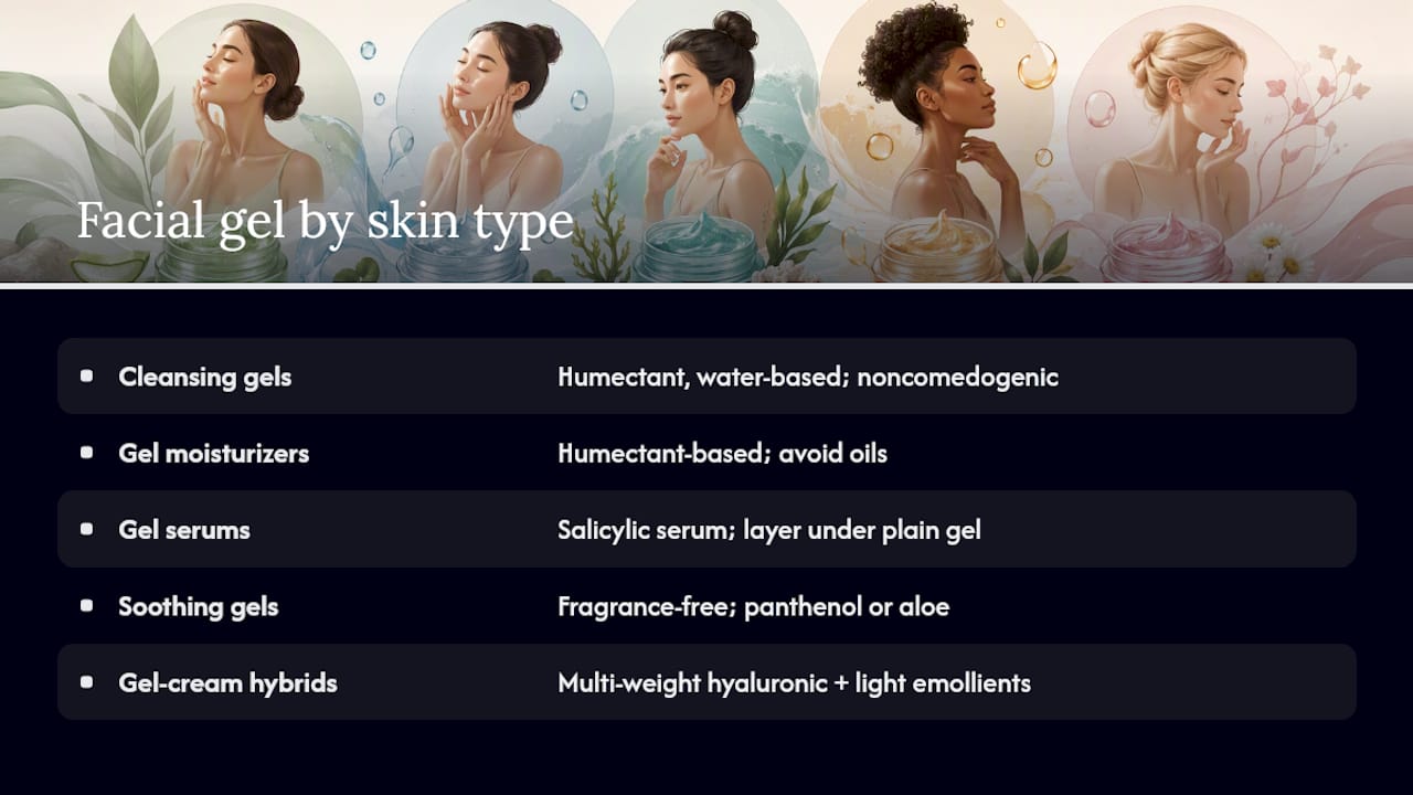 Diagram matching facial gel types to skin types and benefits