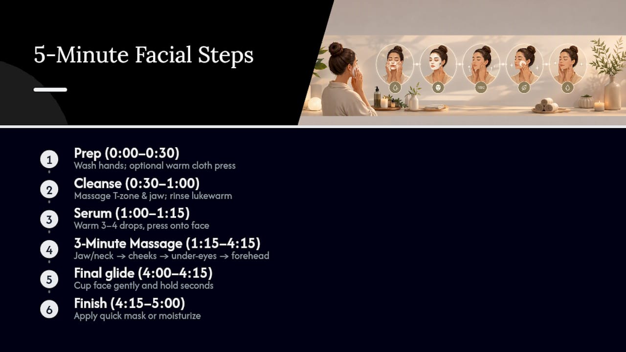 Step-by-step timed facial routine diagram
