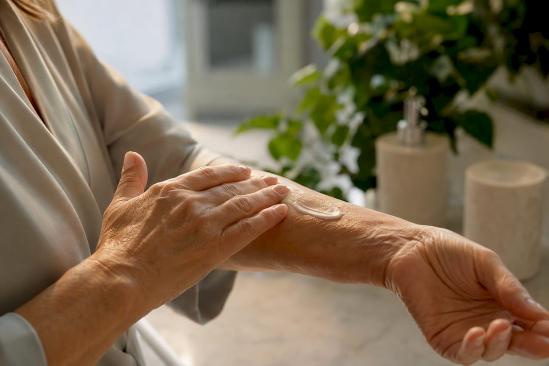 Hands applying gentle hydrating moisturizer