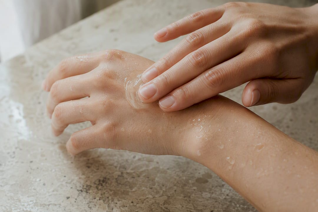 Hands applying hydrating skincare gel to damp skin