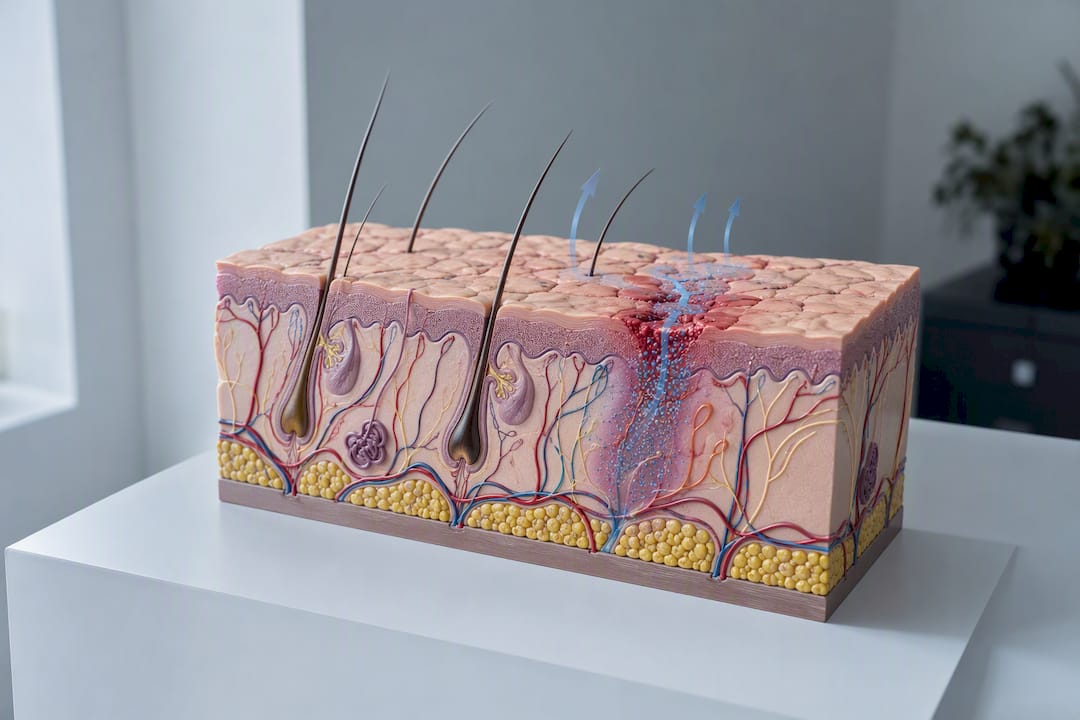 Cross-section model of skin barrier showing compromised area
