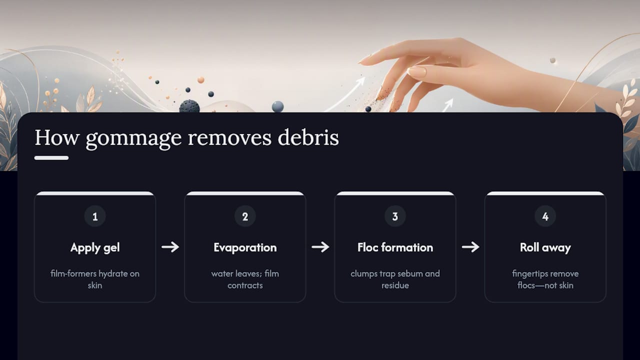 Gommage gel forming flocs and trapping debris