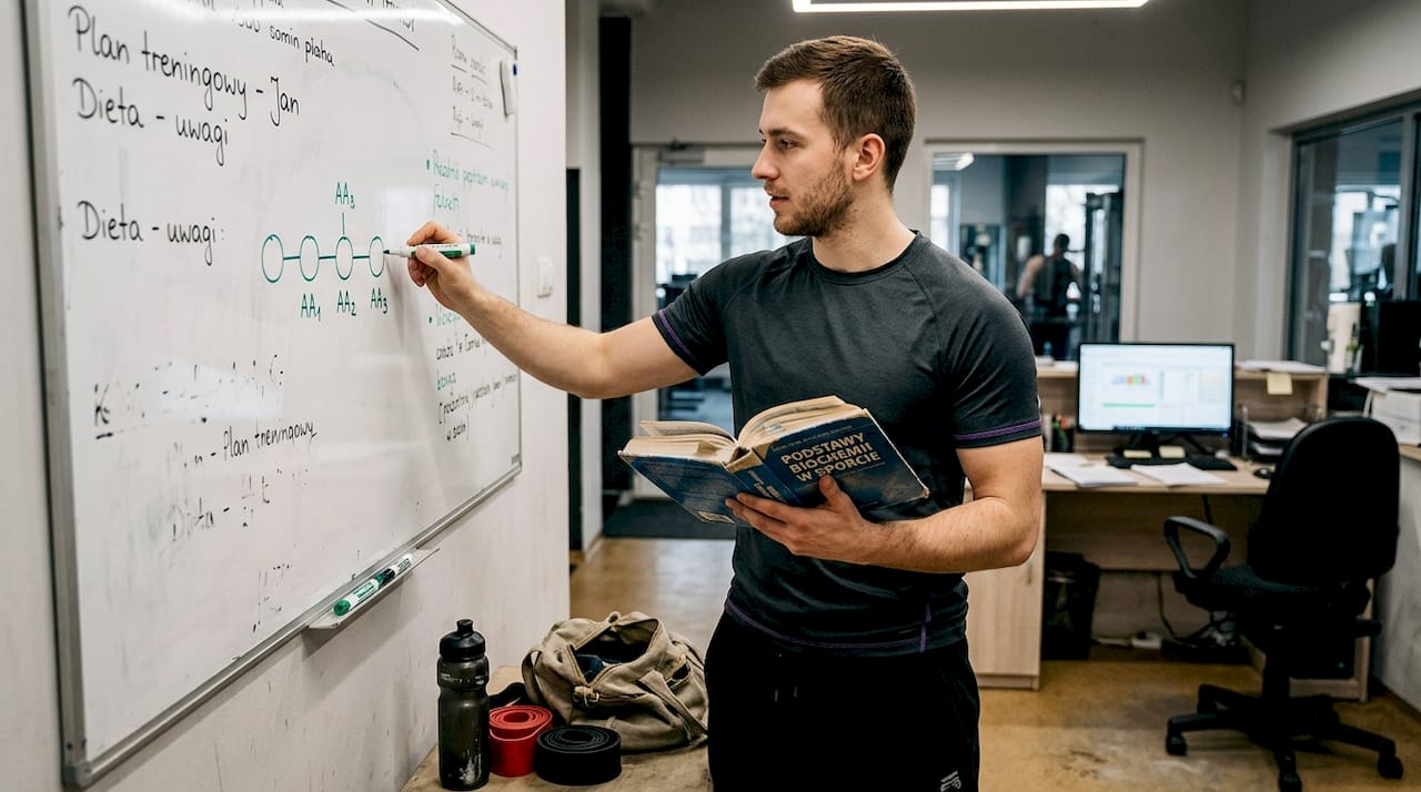 Prowadzący zajęcia rysuje na tablicy łańcuch peptydowy, tłumacząc jego strukturę uczestnikom.