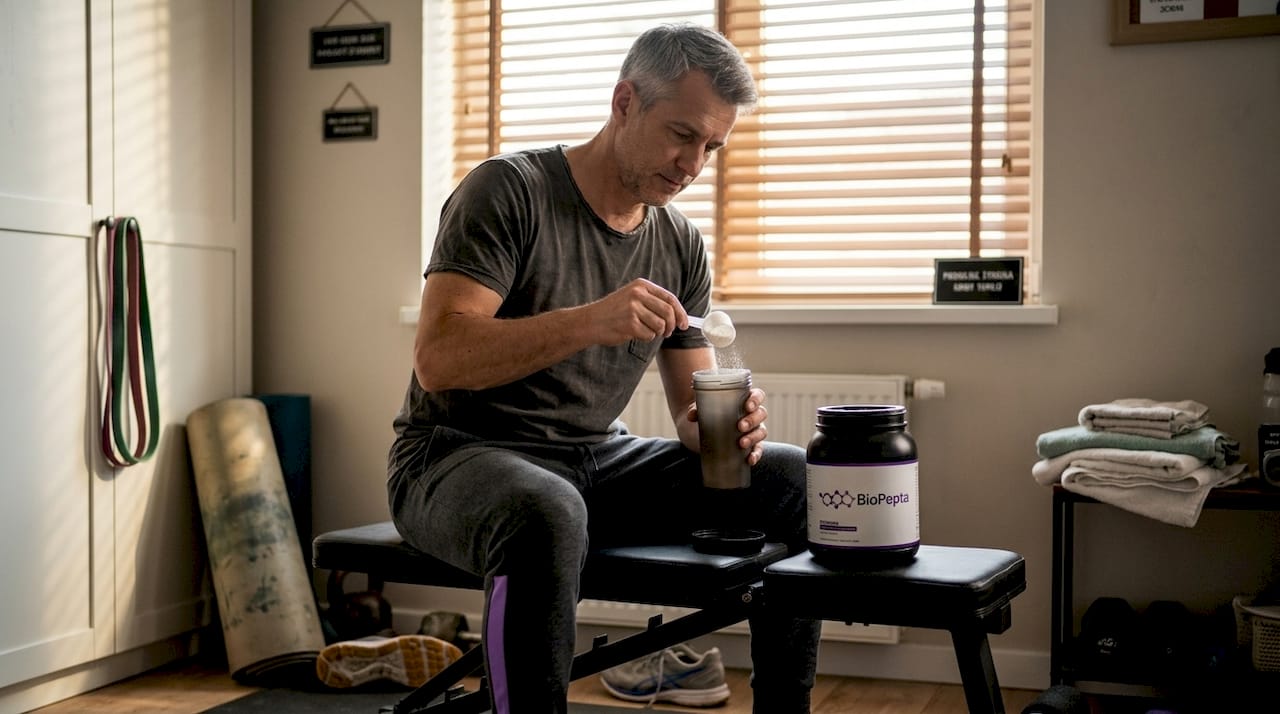 Mężczyzna szykuje odżywkę do treningu w swojej domowej siłowni.