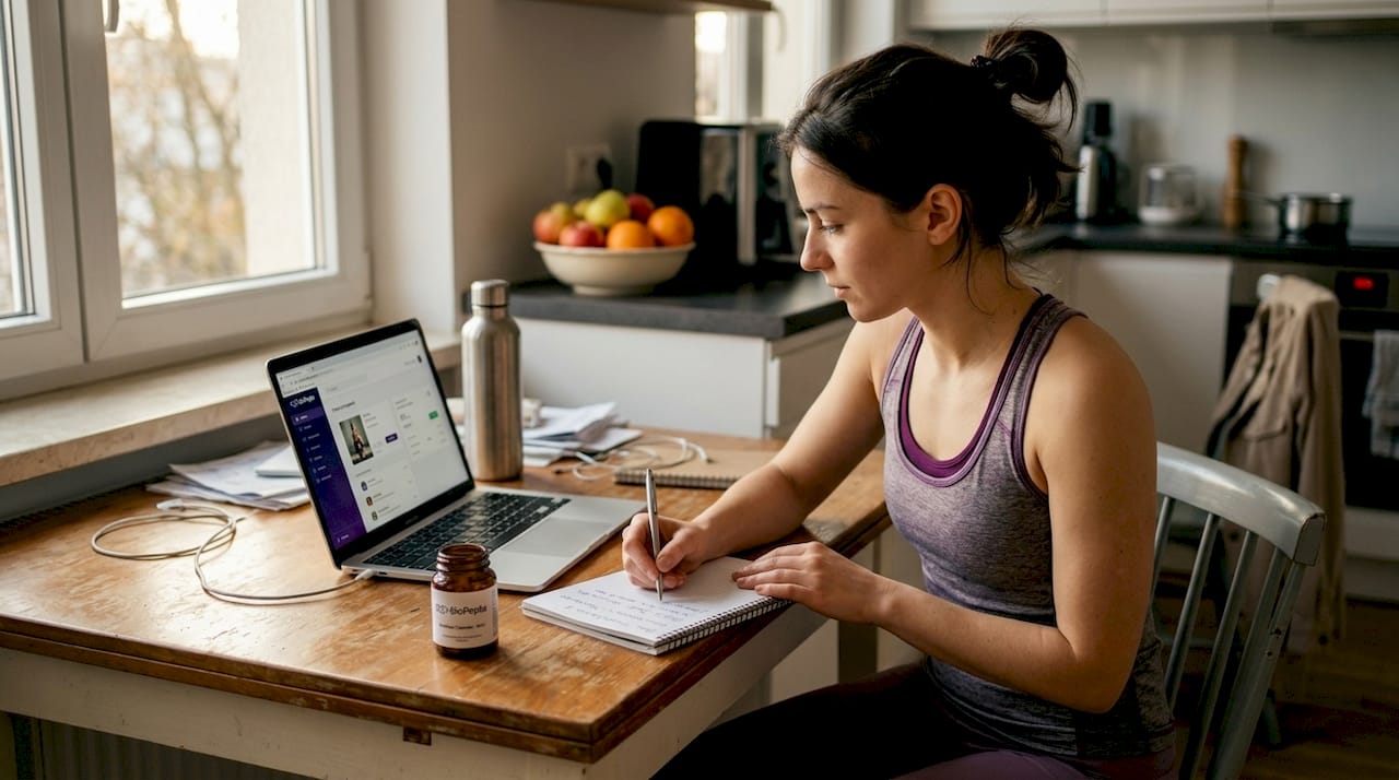 Kobieta dokładnie przygląda się swojemu planowi treningowemu i zastanawia się, jakie suplementy warto włączyć do swojej diety.