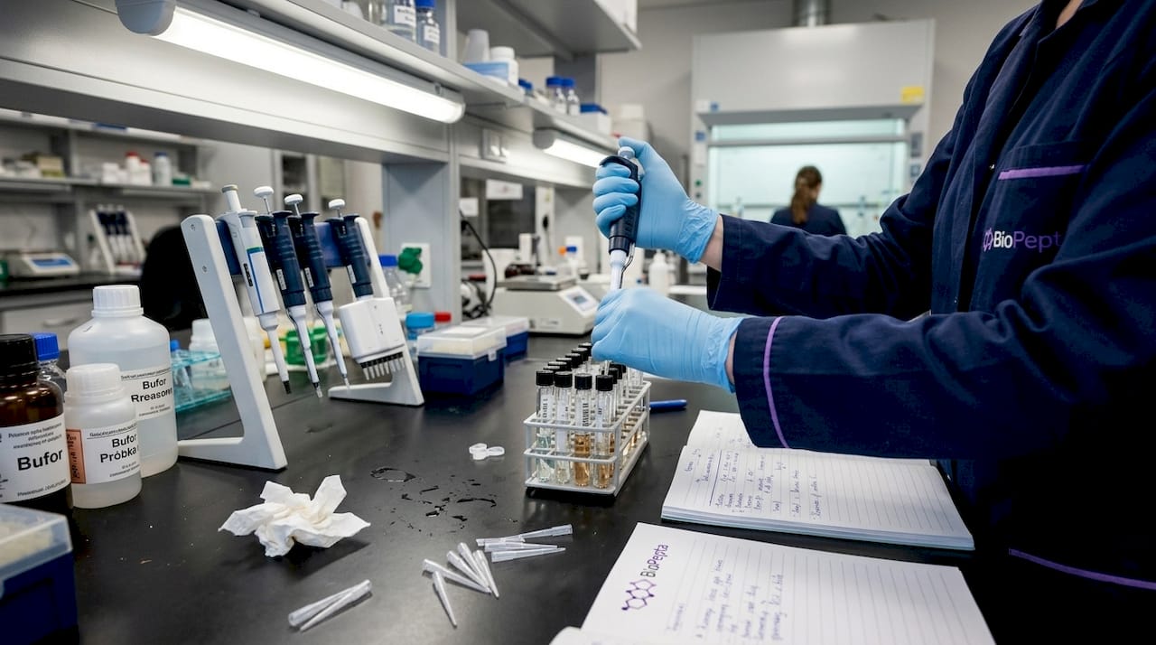 Ręce w rękawiczkach ostrożnie manipulują probówkami podczas badań laboratoryjnych.