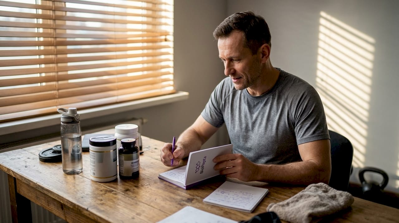 Trener siedzi przy biurku i analizuje różne suplementy z peptydami.