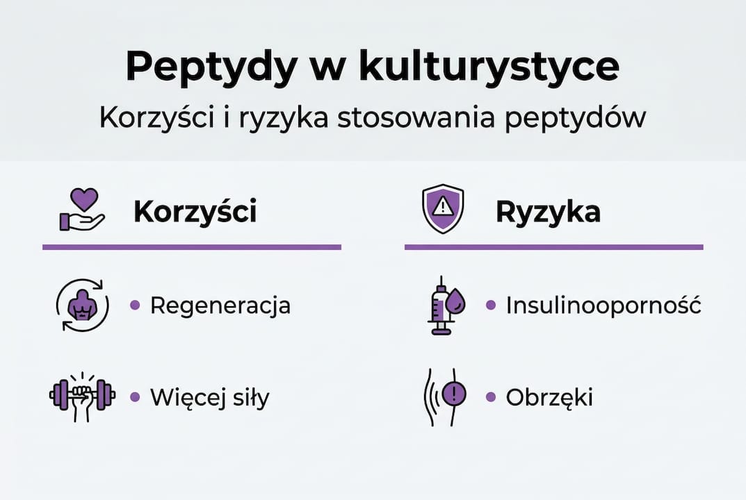Infografika przedstawiająca zalety i potencjalne zagrożenia związane ze stosowaniem peptydów