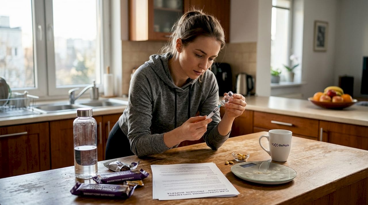 Kobieta samodzielnie przygotowuje dawkę peptydów w domowym zaciszu.