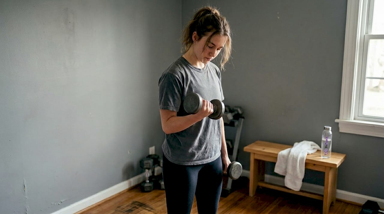 Kobieta trenuje z hantlami we własnej domowej siłowni.