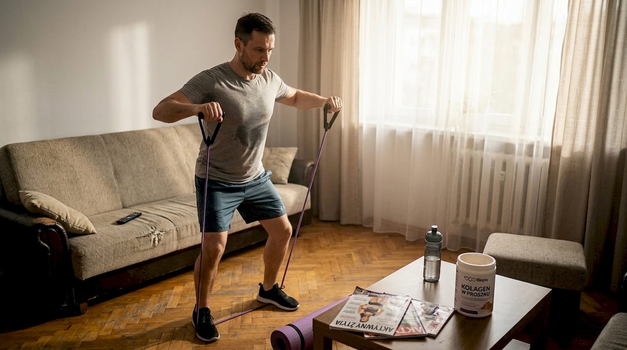 Mężczyzna ćwiczy z gumami oporowymi w domowym zaciszu.