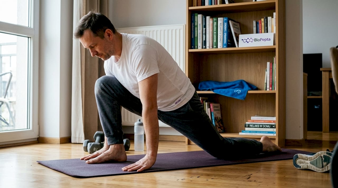 W salonie, na rozłożonej macie, mężczyzna wykonuje ćwiczenia.