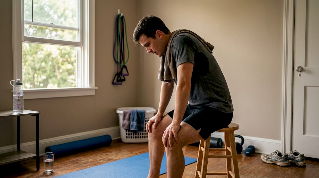 Mężczyzna po domowym treningu siłowym