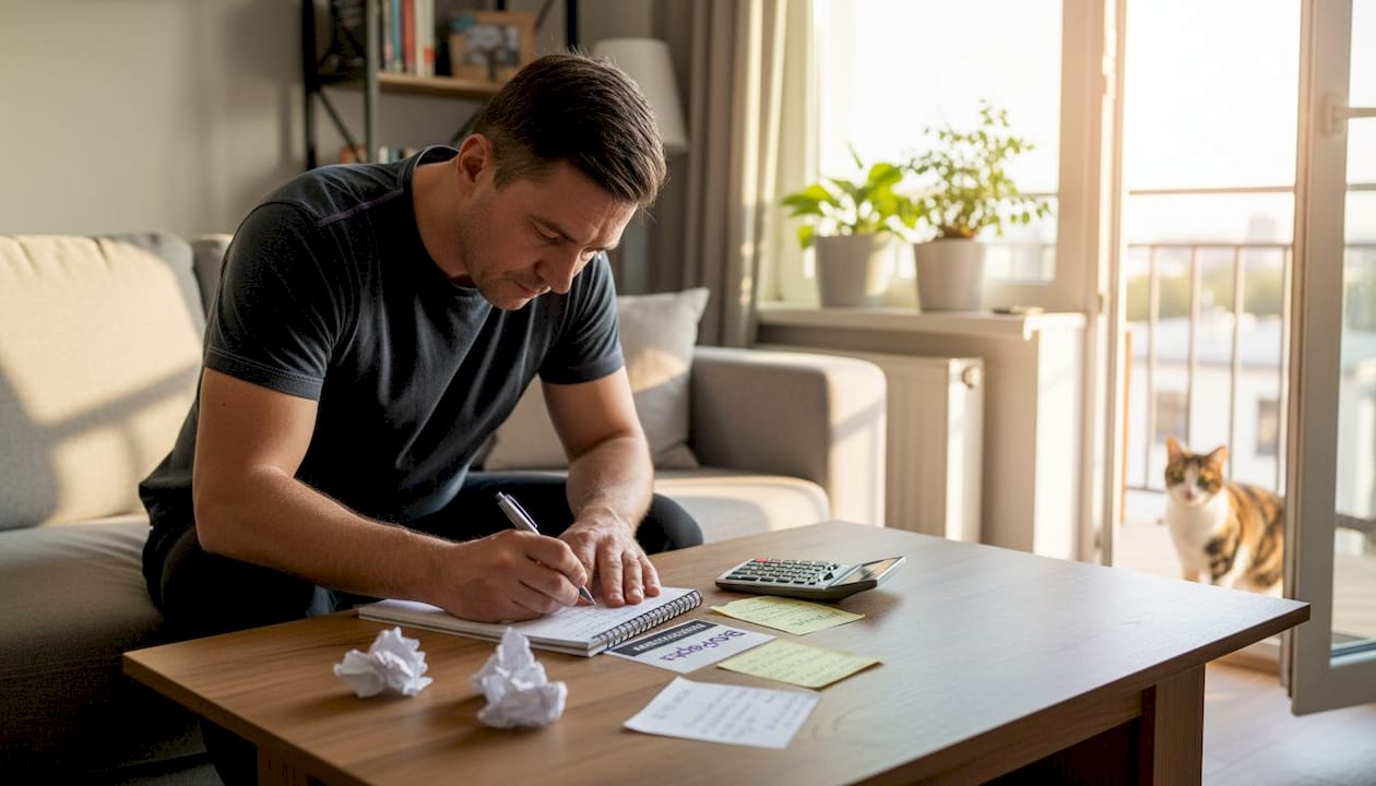 Mężczyzna zastanawia się nad zmianą diety, siedząc przy kuchennym stole.