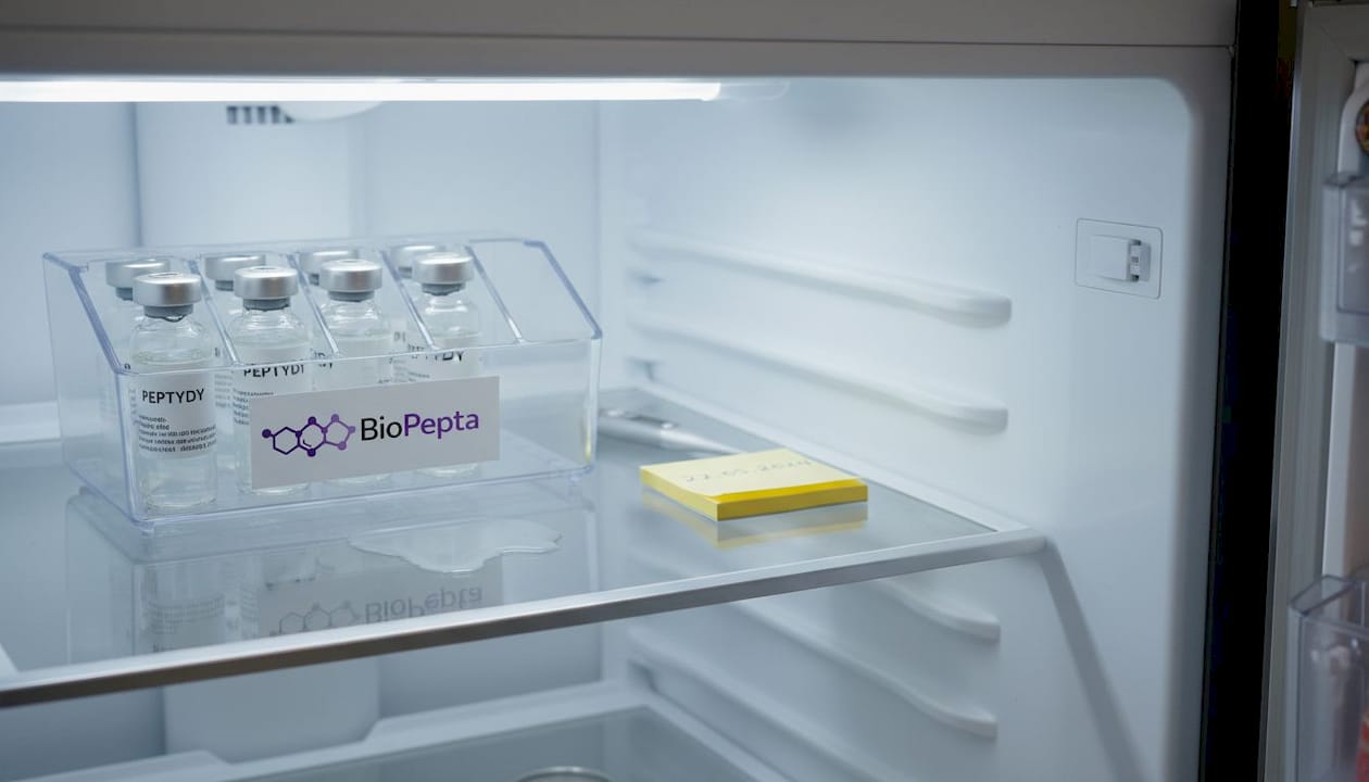 Peptydy przechowywane w lodówce w plastikowym organizerze, w oddzielnych fiolkach.