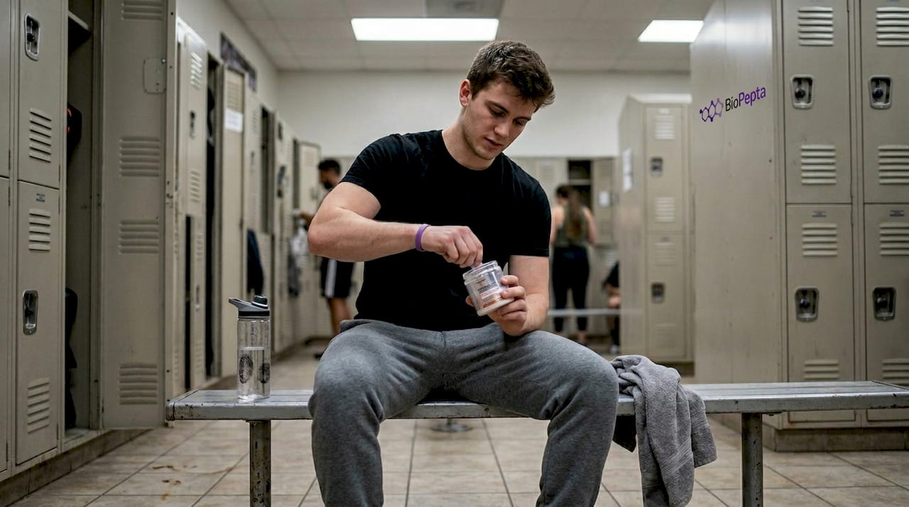 Mężczyzna przygotowuje w szatni na siłowni swój ulubiony suplement termogeniczny.