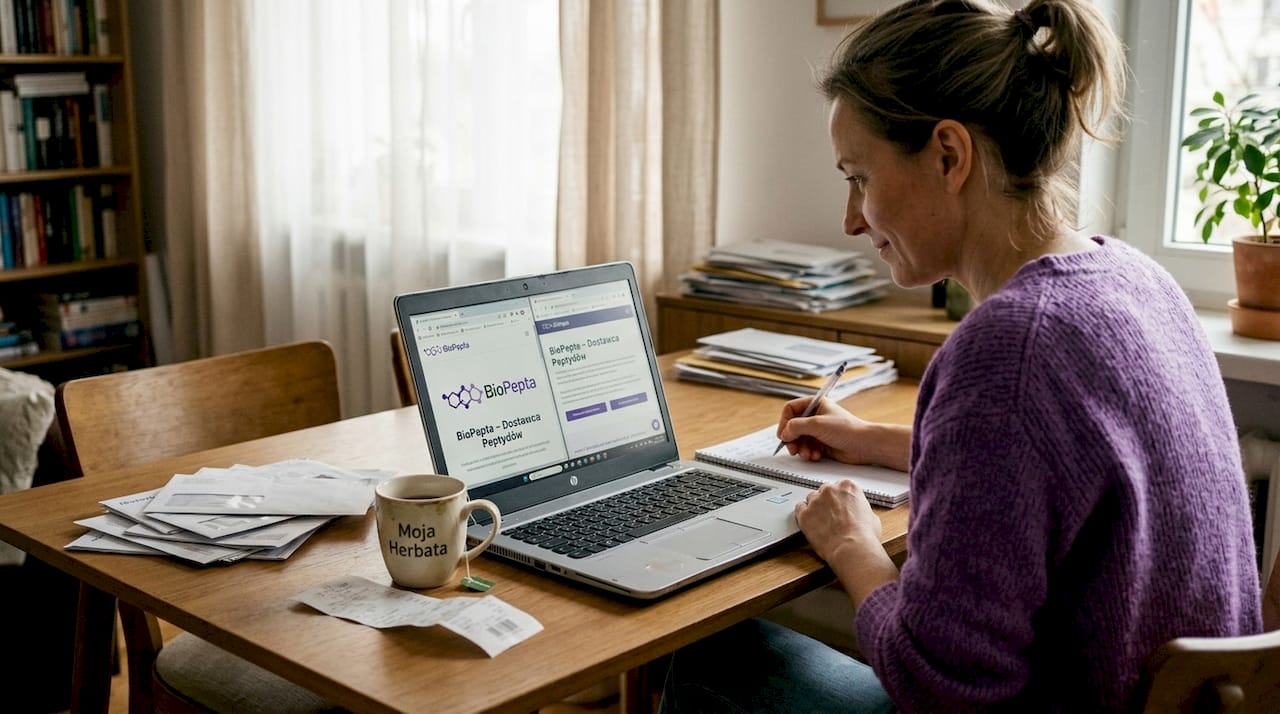 Kobieta przegląda w domu opinie o dostawcach peptydów w internecie, aby wybrać sprawdzoną i wiarygodną firmę.