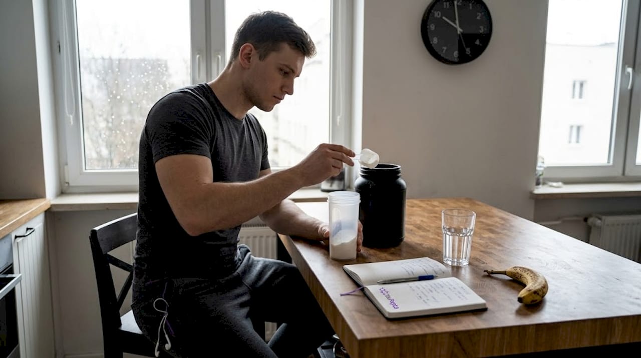 Zawodnik szykuje sobie odżywkę w kuchni.