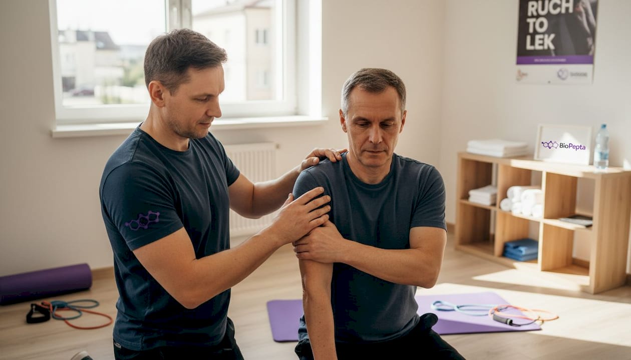 Fizjoterapeuta pokazuje pacjentowi, jak prawidłowo rozciągać mięśnie, dbając o poprawną technikę i bezpieczeństwo ćwiczeń.