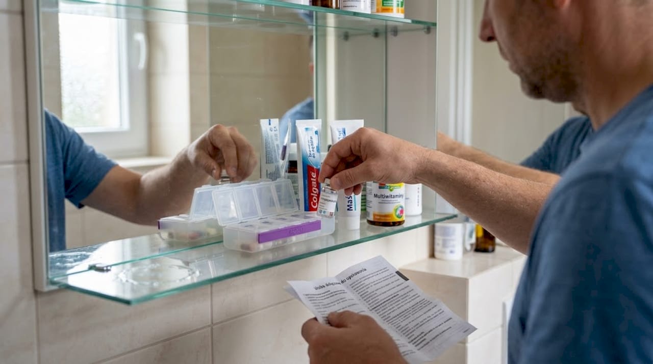 Mężczyzna sięga po fiolkę z peptydami stojącą w domowej apteczce.