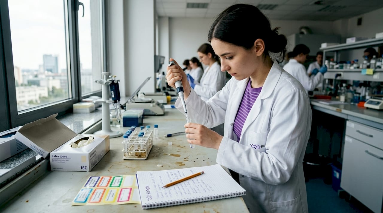 Naukowczyni wykonuje precyzyjne prace pipetą w laboratorium zajmującym się badaniami nad peptydami.
