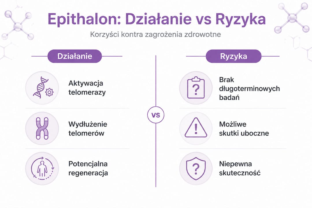 Infografika: jak działa Epithalon i z jakimi zagrożeniami warto się liczyć