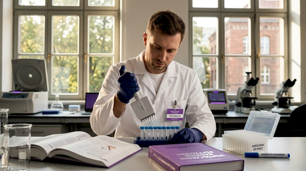 Laborantka pracująca z pipetą przy zagraconym stole laboratoryjnym