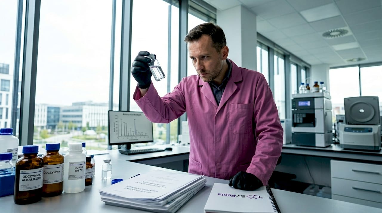 Chemik przygląda się fiolce z peptydem, na której brakuje etykiety.