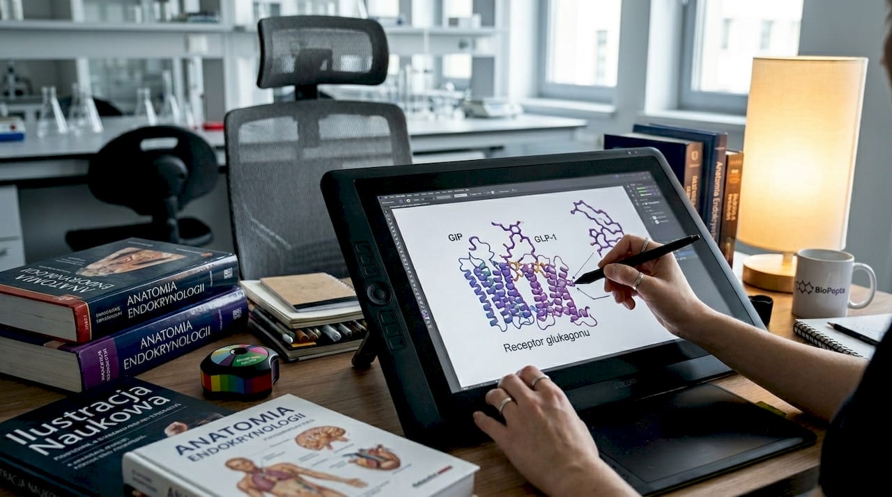 Ilustrator przygotowuje wizualizację modelu receptora hormonalnego