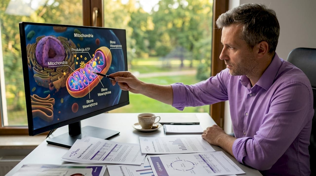 Na ekranie wyświetlana jest animacja pokazująca, jak działają mitochondria na poziomie molekularnym.