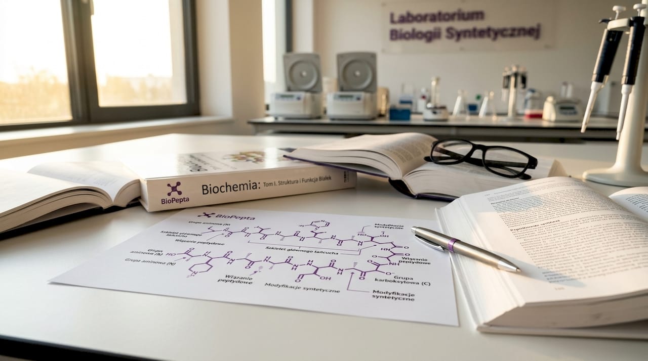 Zbliżenie na strukturę peptydu w warunkach laboratoryjnych podczas badań biochemicznych.