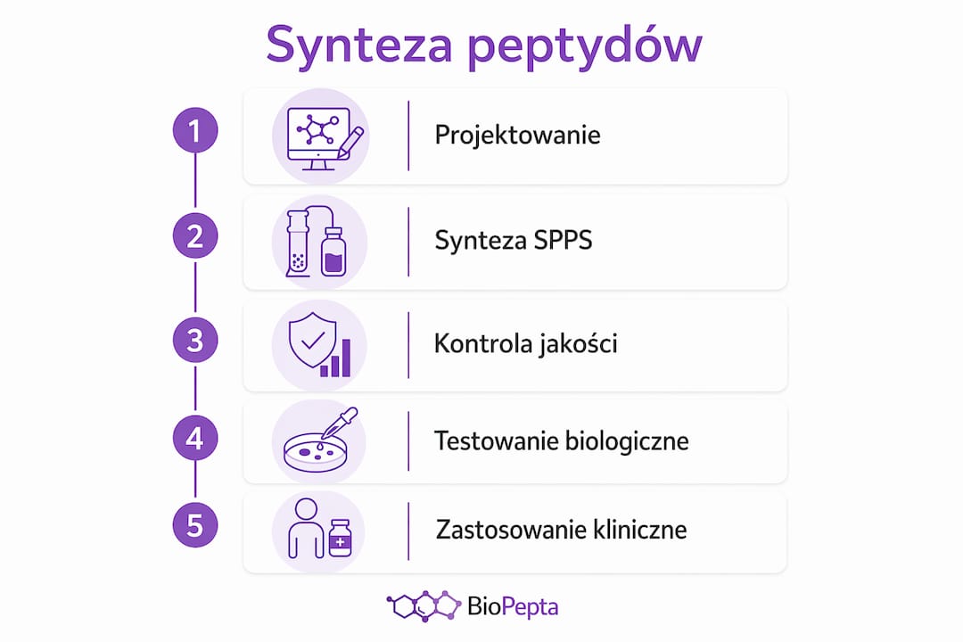 Ilustracja przedstawiająca etapy otrzymywania peptydów syntetycznych