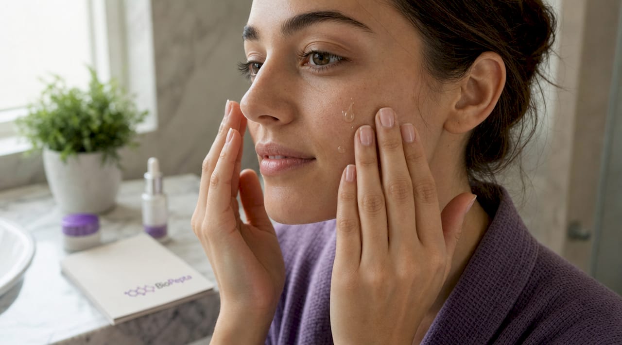 Delikatne wmasowywanie serum peptydowego w skórę twarzy