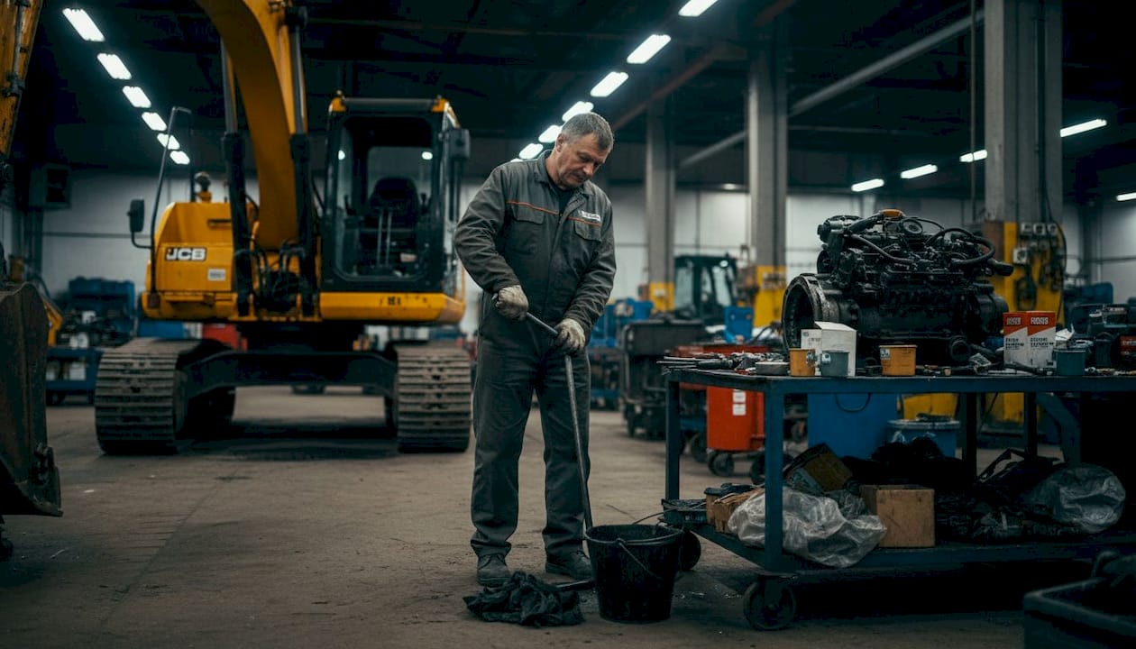 Tehnicianul efectuează schimbul de ulei la un excavator care are uleiul uzat.
