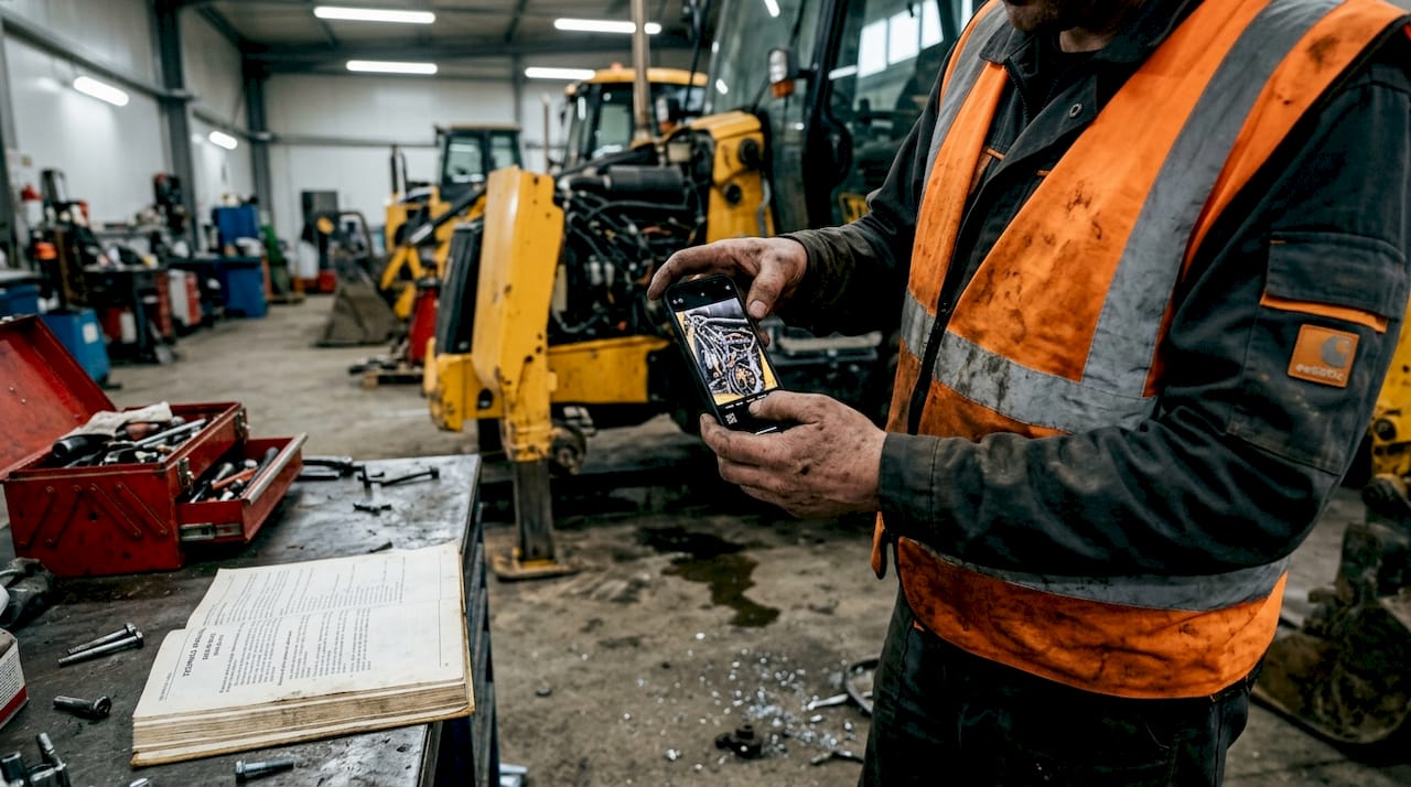 Un operator surprinde în fotografii motorul unui utilaj aflat la revizie în service.