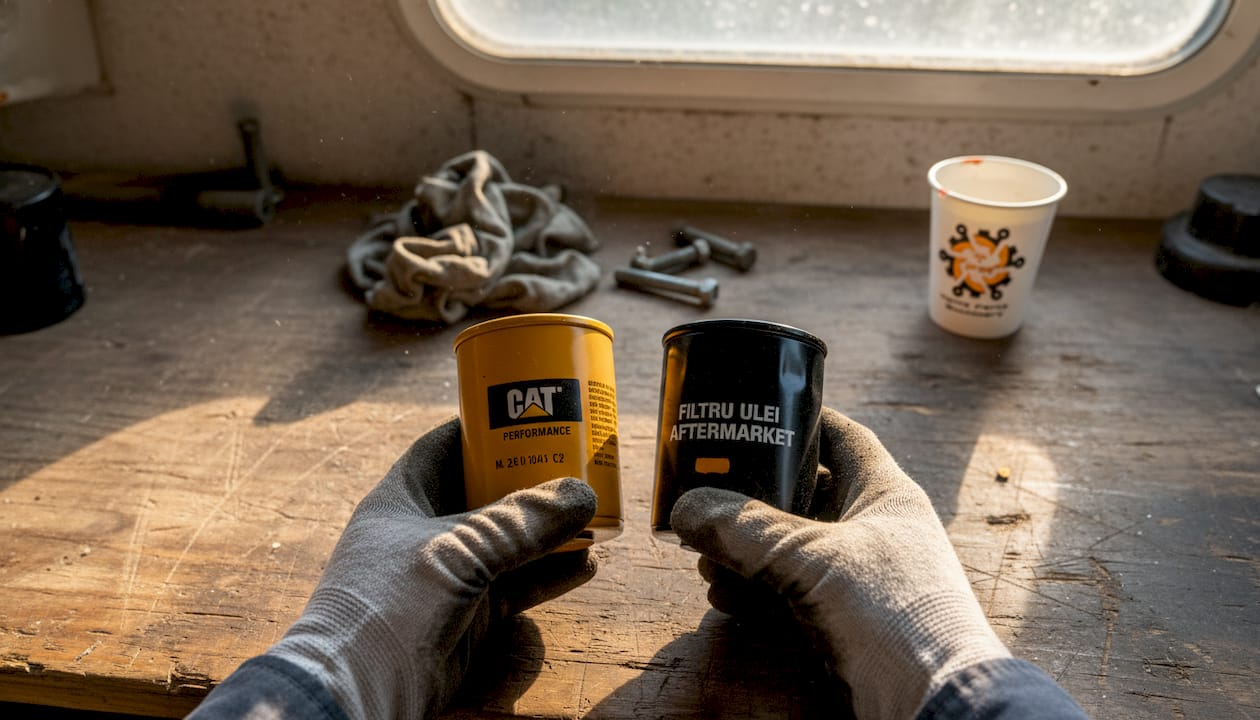 Două mâini analizează diferențele dintre un filtru Caterpillar original și unul aftermarket.