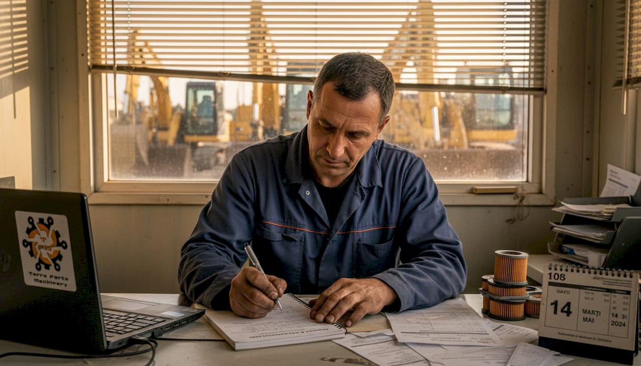 Operatorul completează jurnalul de service pentru buldoexcavator