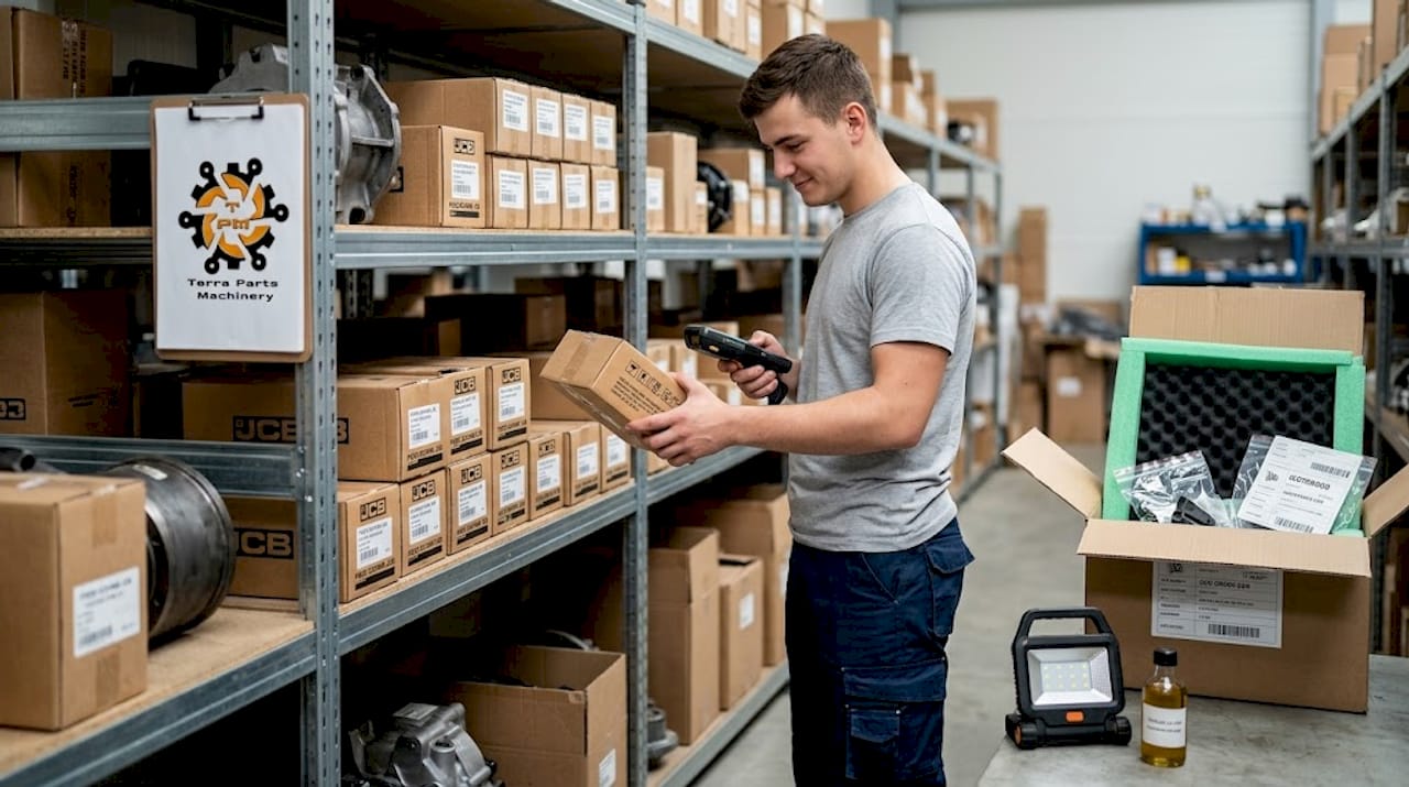 Angajat care aranjează pe raft piese de schimb JCB