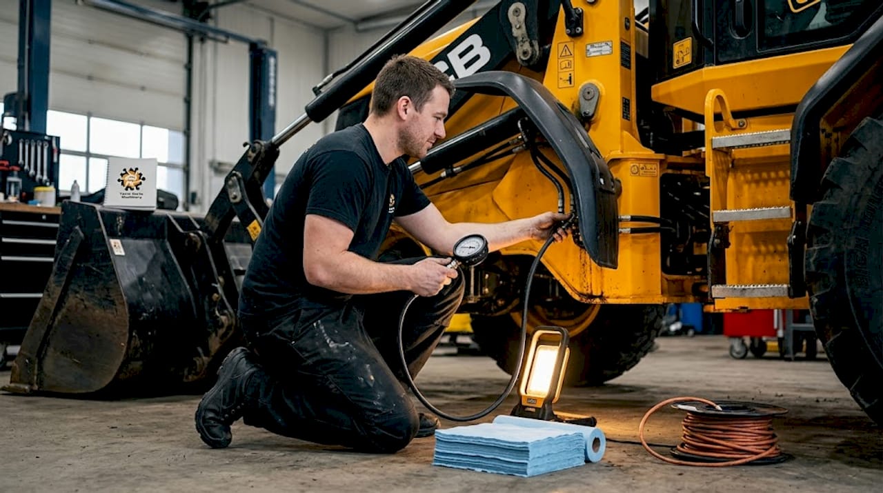 Un tehnician inspectează furtunurile hidraulice ale unui utilaj JCB într-un atelier auto.