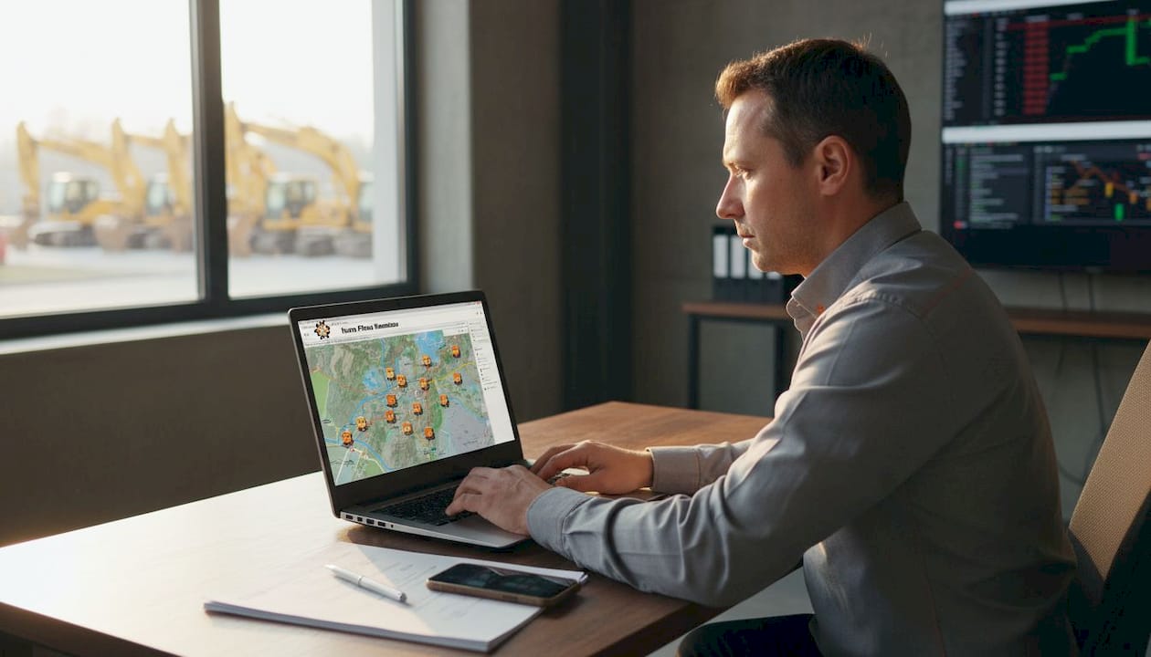 Un manager supraveghează flota de utilaje Komatsu direct de pe laptop, având control total asupra activității acestora.